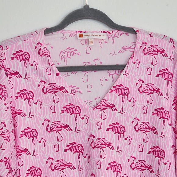 Jude Connally Pink Flamingo Print Blouse Size Small