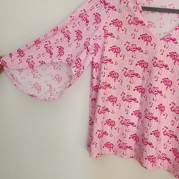 Jude Connally Pink Flamingo Print Blouse Size Small