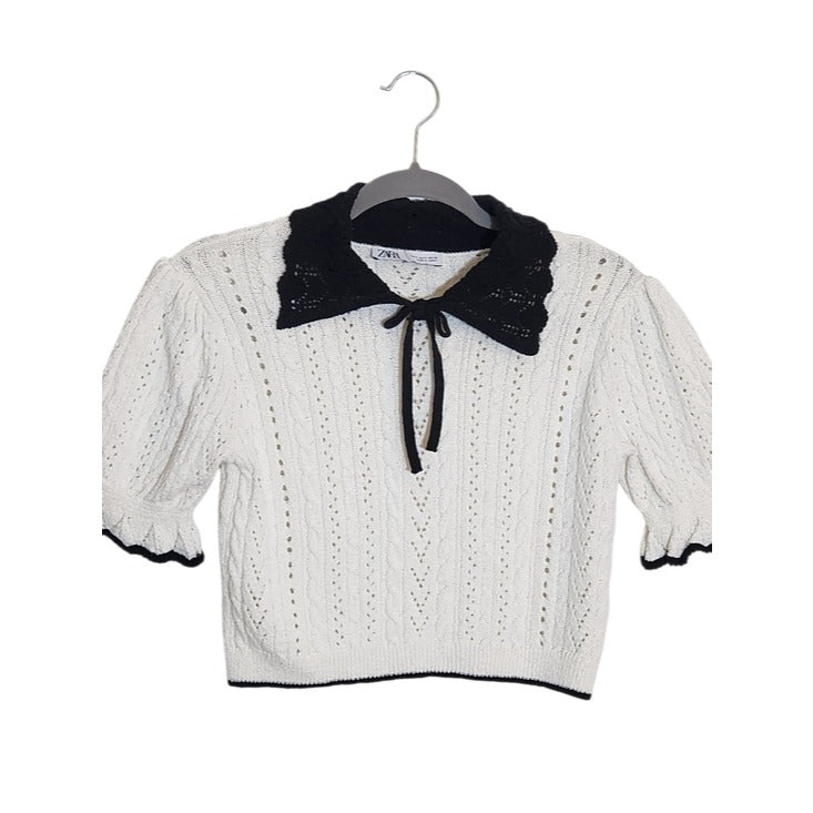 Zara Cream Pointelle Knit Cropped Top with Black Trim Size Small