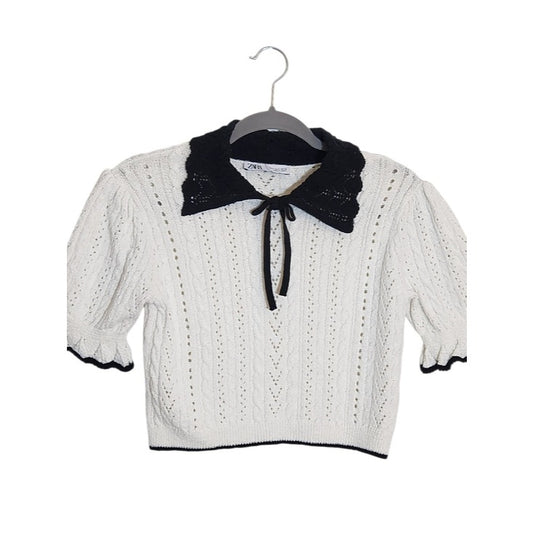 Zara Cream Pointelle Knit Cropped Top with Black Trim Size Small