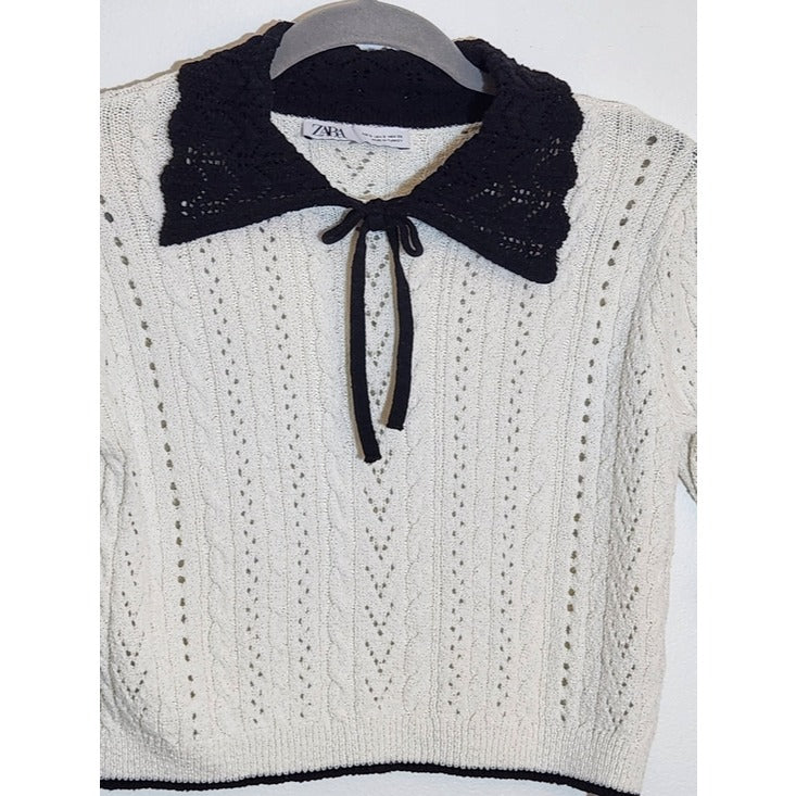 Zara Cream Pointelle Knit Cropped Top with Black Trim Size Small