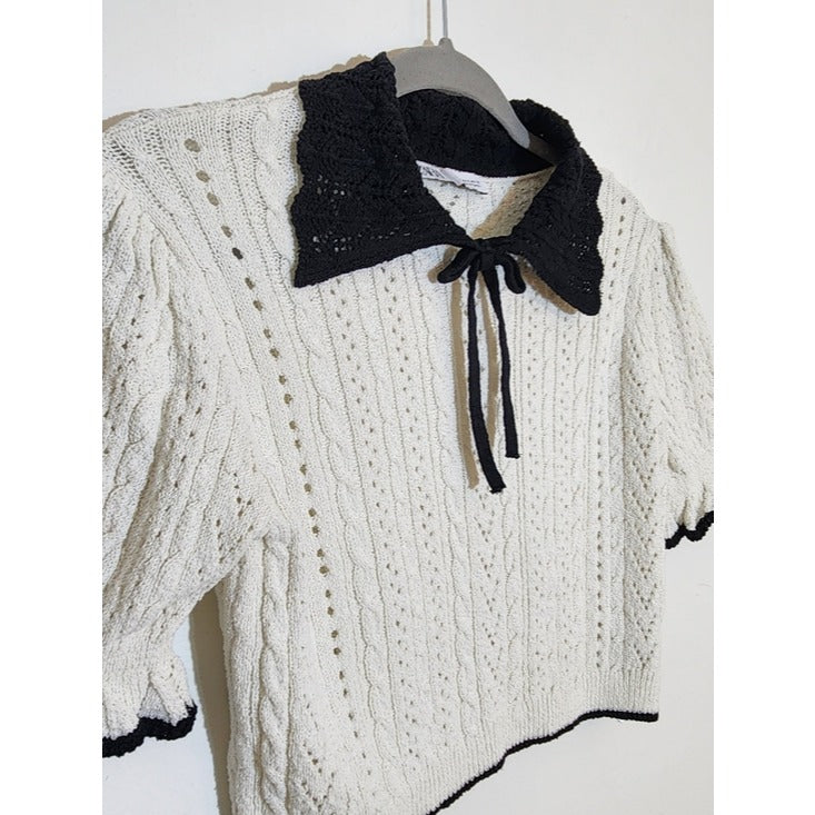 Zara Cream Pointelle Knit Cropped Top with Black Trim Size Small