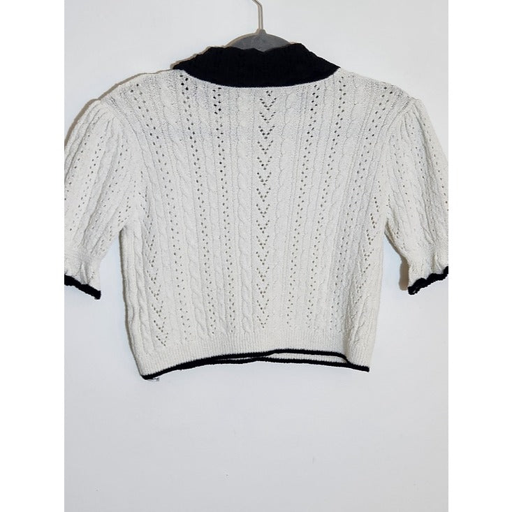 Zara Cream Pointelle Knit Cropped Top with Black Trim Size Small