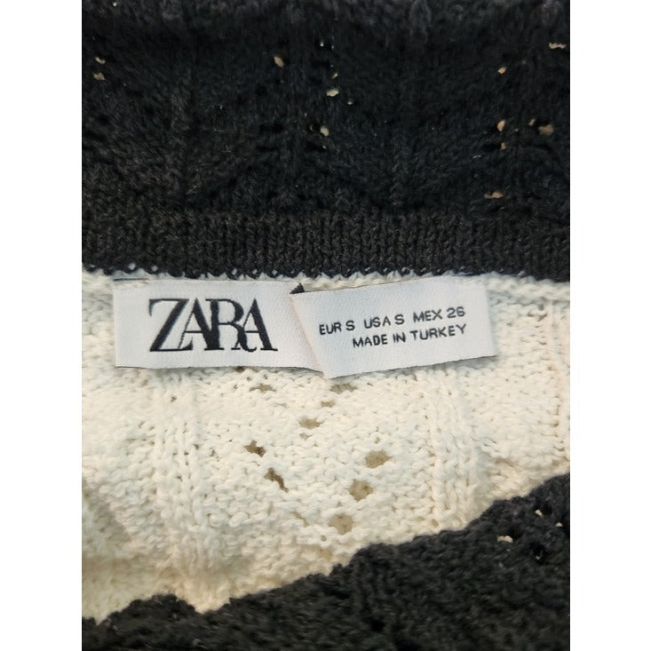 Zara Cream Pointelle Knit Cropped Top with Black Trim Size Small