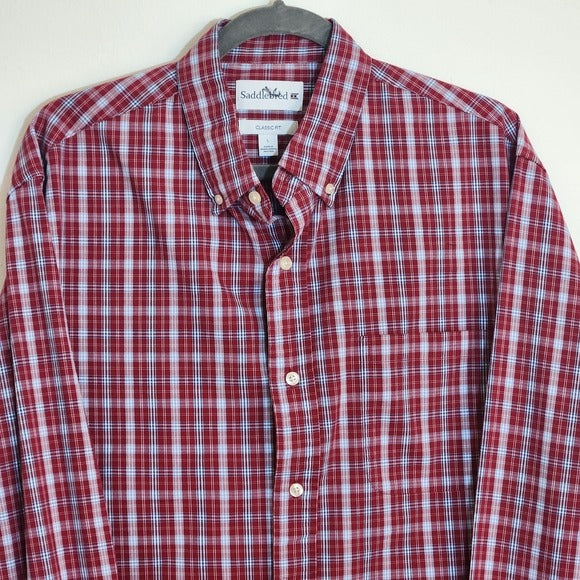 Saddlebred Red and Blue Plaid Button Down Shirt Size Large