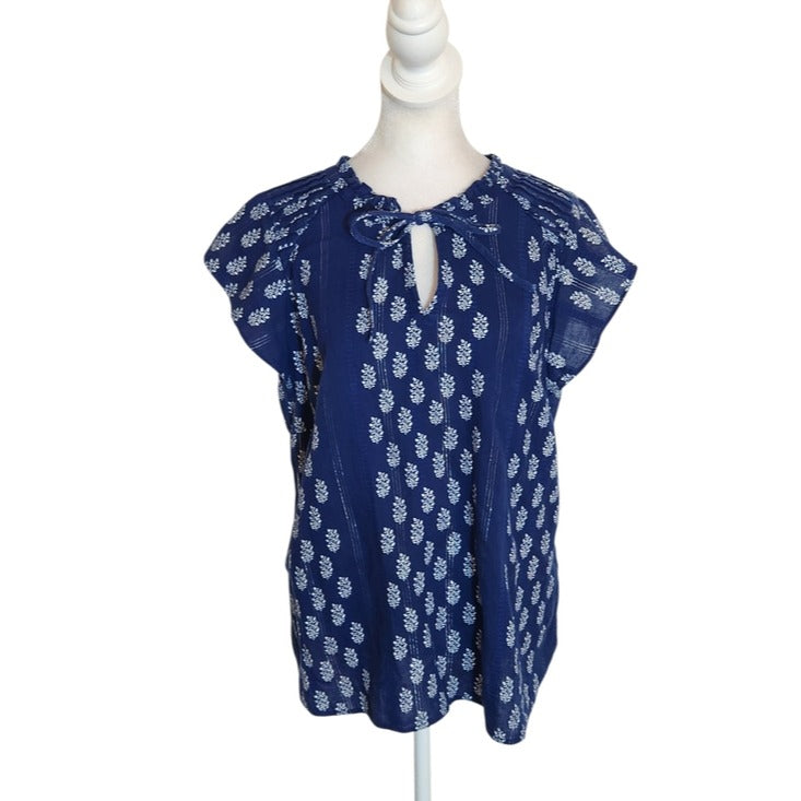 Talbots Navy Metallic Thread Pintuck Peasant Blouse Size XL Petite