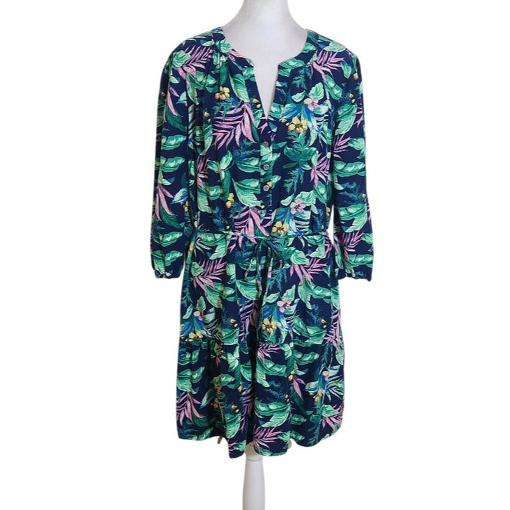 LOFT Navy and Pink Tropical Floral Shirt Dress Size Large