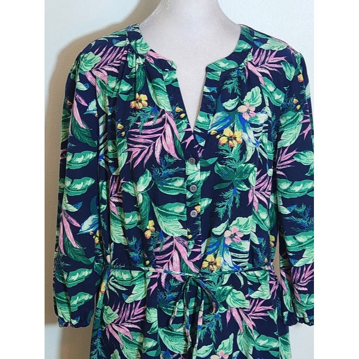 LOFT Navy and Pink Tropical Floral Shirt Dress Size Large