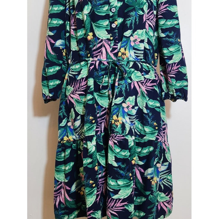 LOFT Navy and Pink Tropical Floral Shirt Dress Size Large