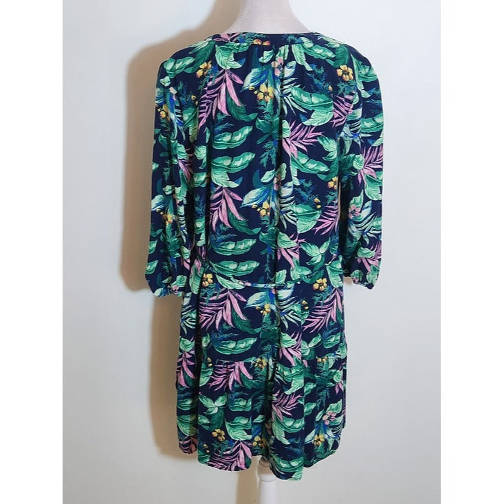 LOFT Navy and Pink Tropical Floral Shirt Dress Size Large