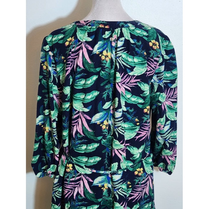 LOFT Navy and Pink Tropical Floral Shirt Dress Size Large