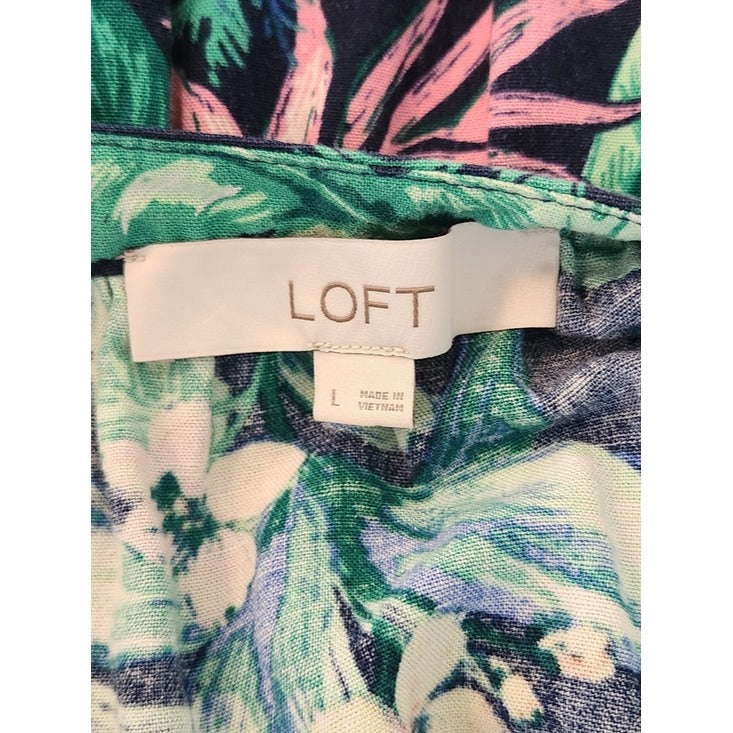 LOFT Navy and Pink Tropical Floral Shirt Dress Size Large
