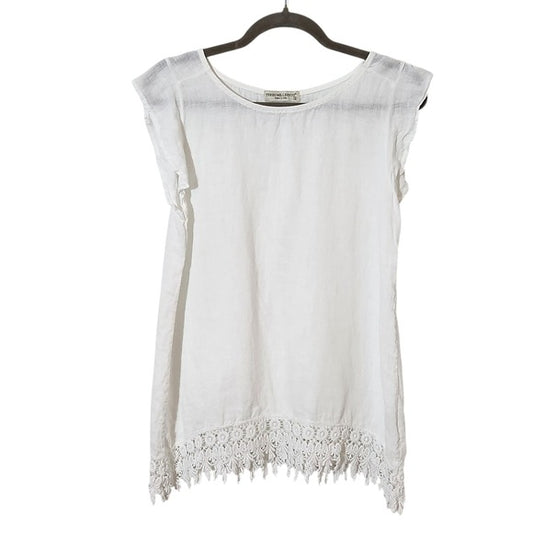 Terzo Millenio White Linen Blouse with Lace Trim Size Small Italian Linen Top