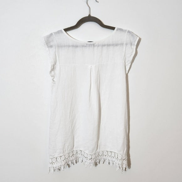 Terzo Millenio White Linen Blouse with Lace Trim Size Small Italian Linen Top