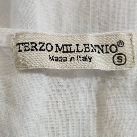 Terzo Millenio White Linen Blouse with Lace Trim Size Small Italian Linen Top