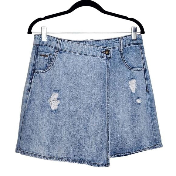 Gianni Bini Distressed Denim Mini Skirt Size 9 Mini Jean Wrap Skirt