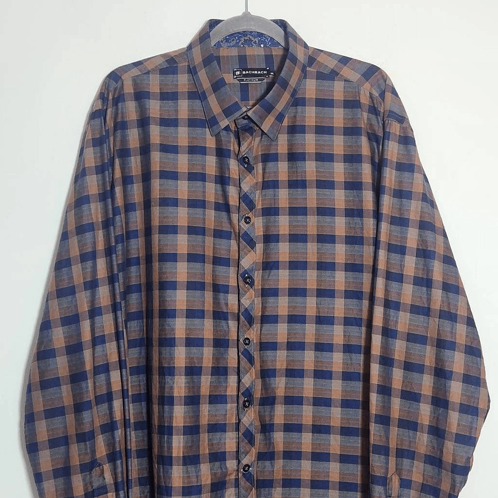 Bachrach Platinum Brown and Blue Plaid Button-Up Shirt Size 3XL
