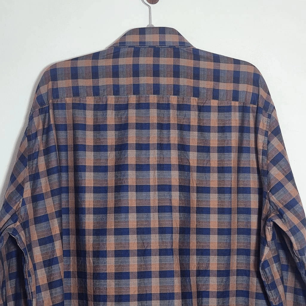 Bachrach Platinum Brown and Blue Plaid Button-Up Shirt Size 3XL