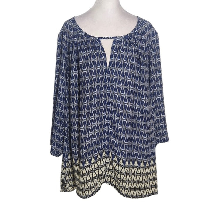 Rose & Olive Navy Ikat Print Peasant Blouse Size 1X