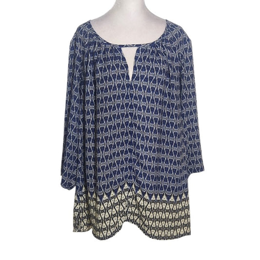 Rose & Olive Navy Ikat Print Peasant Blouse Size 1X