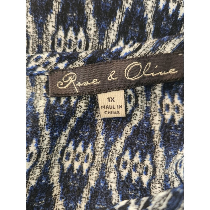 Rose & Olive Navy Ikat Print Peasant Blouse Size 1X