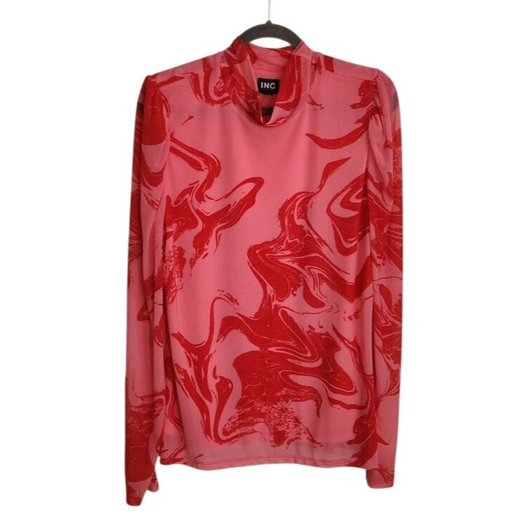 INC Pink and Red Abstract Print Mesh Mock Neck Top Size XXL