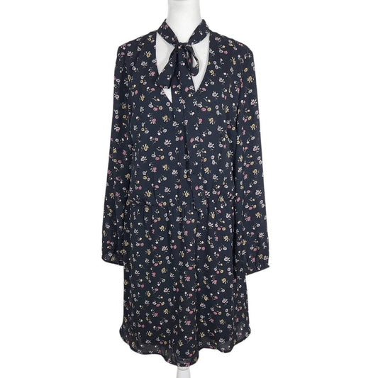 H&M Divided Black Floral Mini Dress with Neck Tie Size 14 Wedding Guest Dress