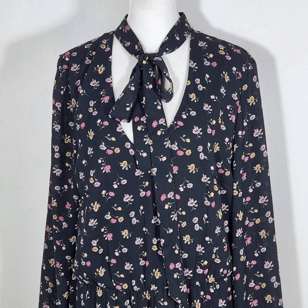 H&M Divided Black Floral Mini Dress with Neck Tie Size 14 Wedding Guest Dress
