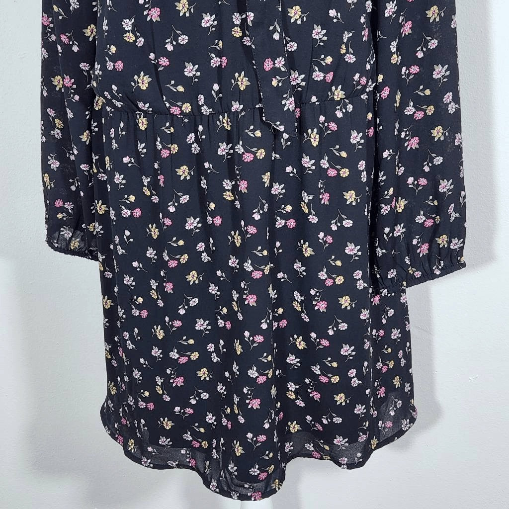 H&M Divided Black Floral Mini Dress with Neck Tie Size 14 Wedding Guest Dress