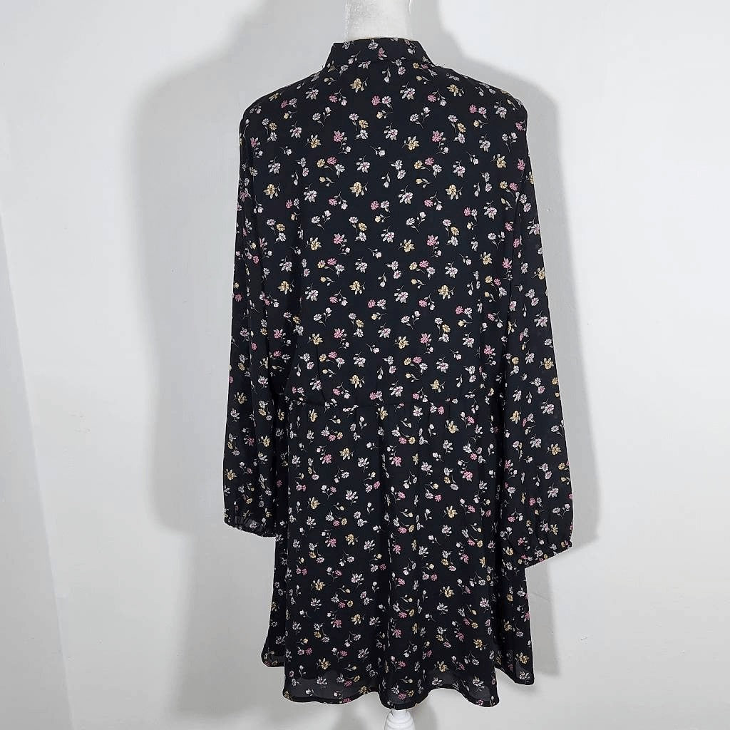 H&M Divided Black Floral Mini Dress with Neck Tie Size 14 Wedding Guest Dress