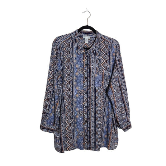 Catherines Blue and Orange Geometric Print Button Down Blouse Size 1X 18/20