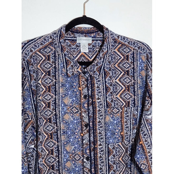 Catherines Blue and Orange Geometric Print Button Down Blouse Size 1X 18/20