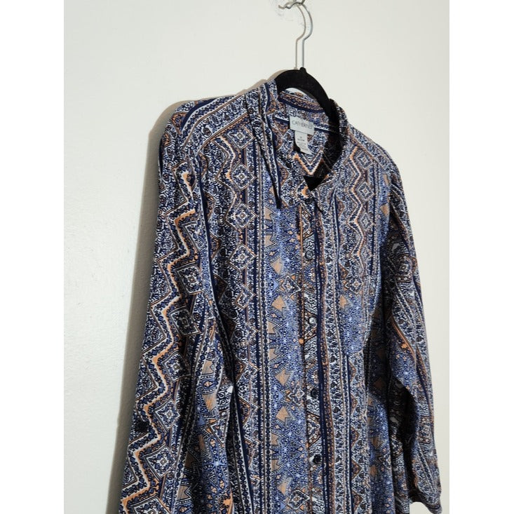 Catherines Blue and Orange Geometric Print Button Down Blouse Size 1X 18/20