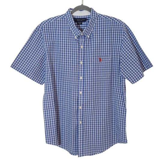US Polo Association Blue and White Plaid Short Sleeve Button Down Shirt Size XL