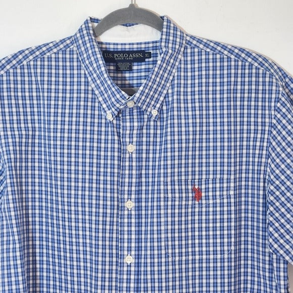 US Polo Association Blue and White Plaid Short Sleeve Button Down Shirt Size XL