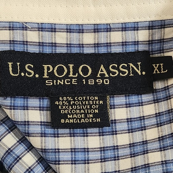US Polo Association Blue and White Plaid Short Sleeve Button Down Shirt Size XL