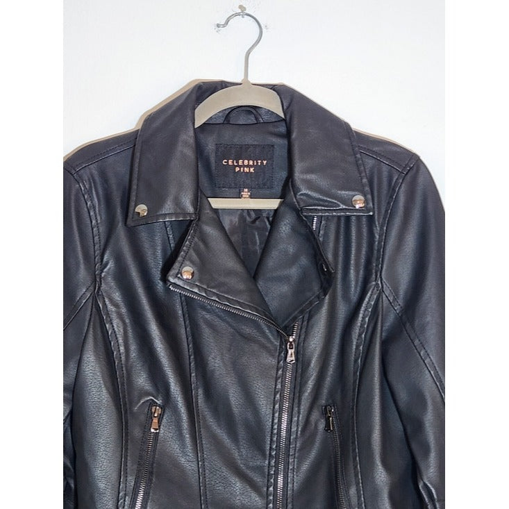 Celebrity Pink Black Faux Leather Moto Jacket Size Medium
