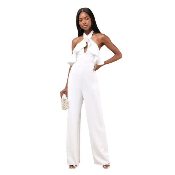 Lulus Ruffle Halter White Wide Leg Jumpsuit Size Medium New