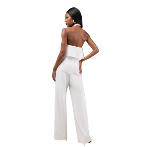 Lulus Ruffle Halter White Wide Leg Jumpsuit Size Medium New