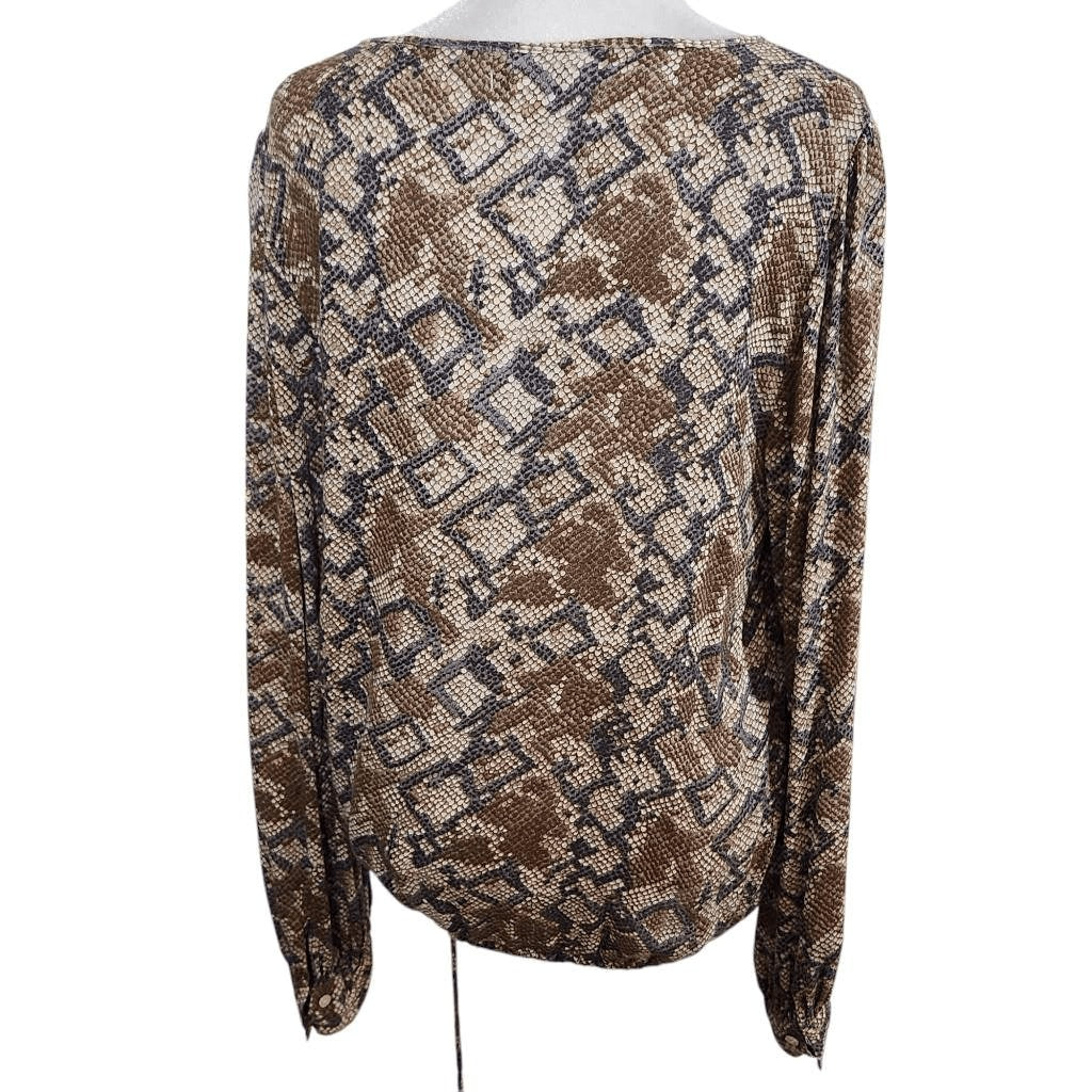 Lucky Brand Gray and Brown Snakeskin Print Top with Drawstring Hem Size Medium