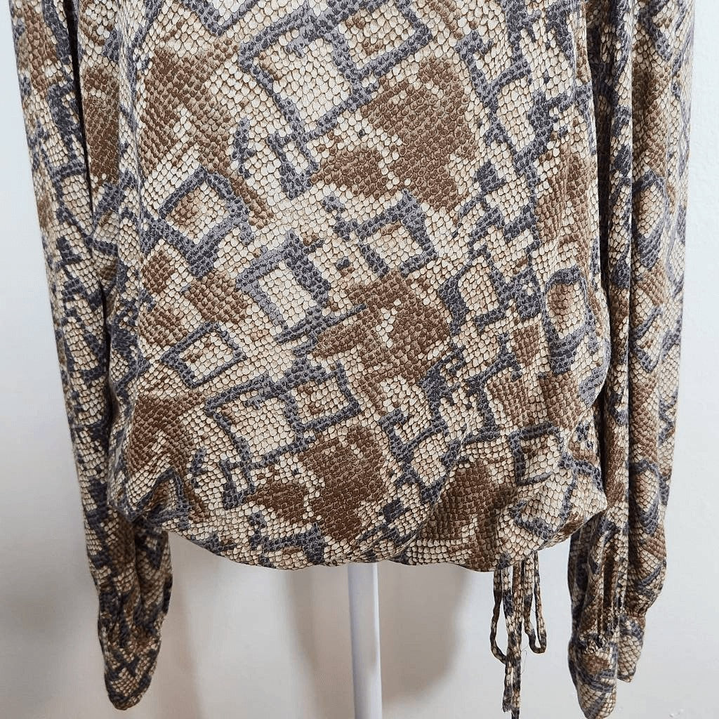 Lucky Brand Gray and Brown Snakeskin Print Top with Drawstring Hem Size Medium