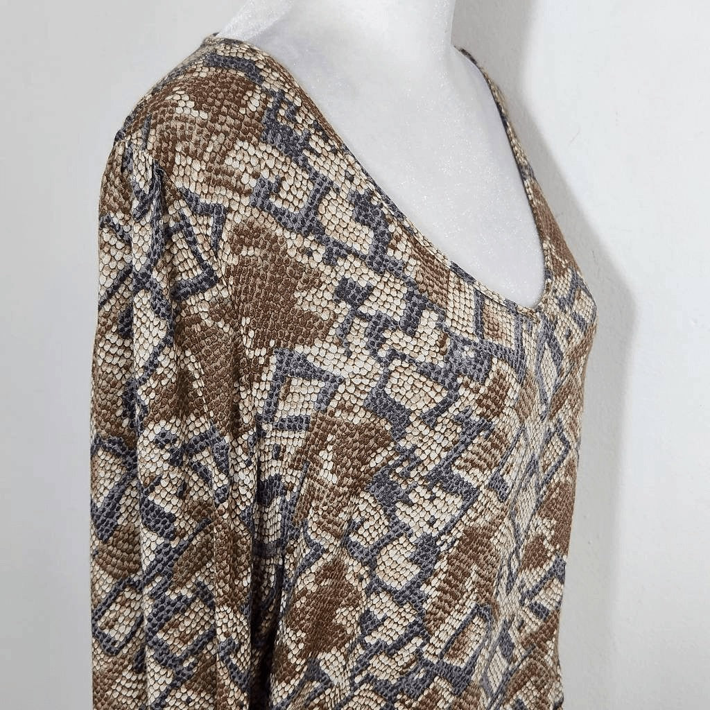 Lucky Brand Gray and Brown Snakeskin Print Top with Drawstring Hem Size Medium
