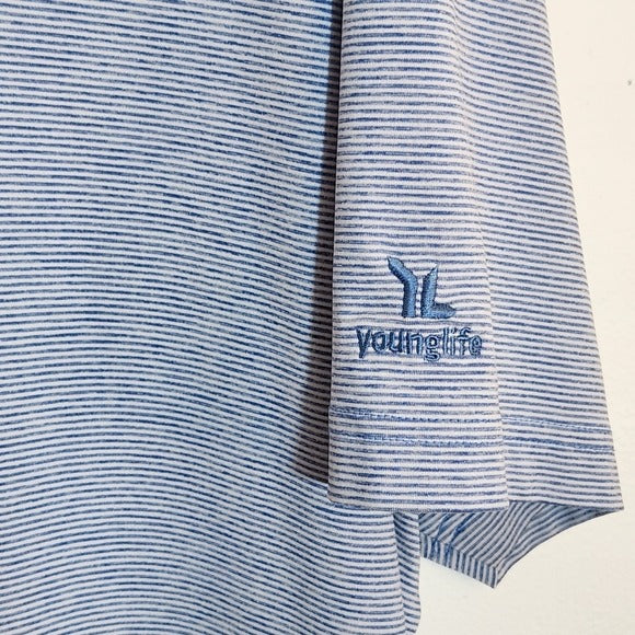 Johnnie-O Blue and White Striped Polo Shirt with Young Life Logo Size XXL