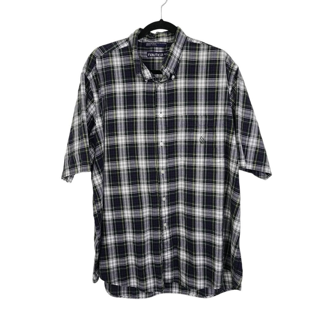 Nautica Navy and Green Plaid Button Down Shirt Size XL Plaid Short Sleeve Shirt