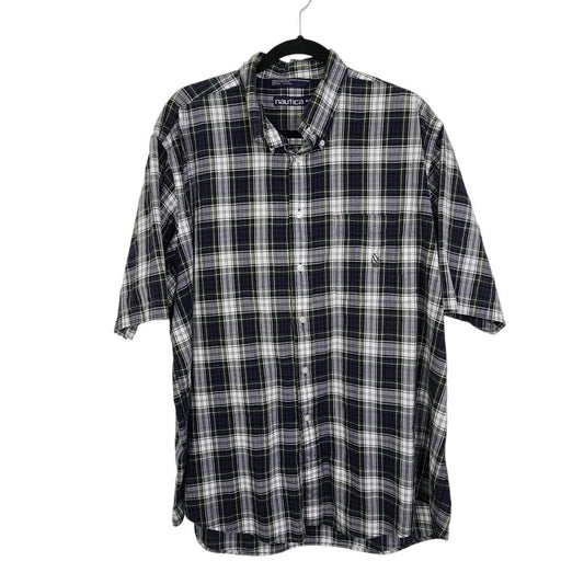 Nautica Navy and Green Plaid Button Down Shirt Size XL Plaid Short Sleeve Shirt