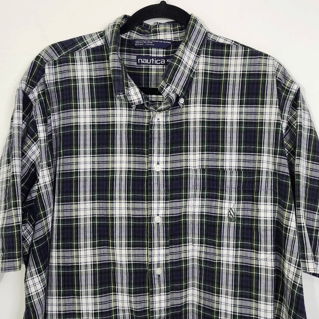 Nautica Navy and Green Plaid Button Down Shirt Size XL Plaid Short Sleeve Shirt
