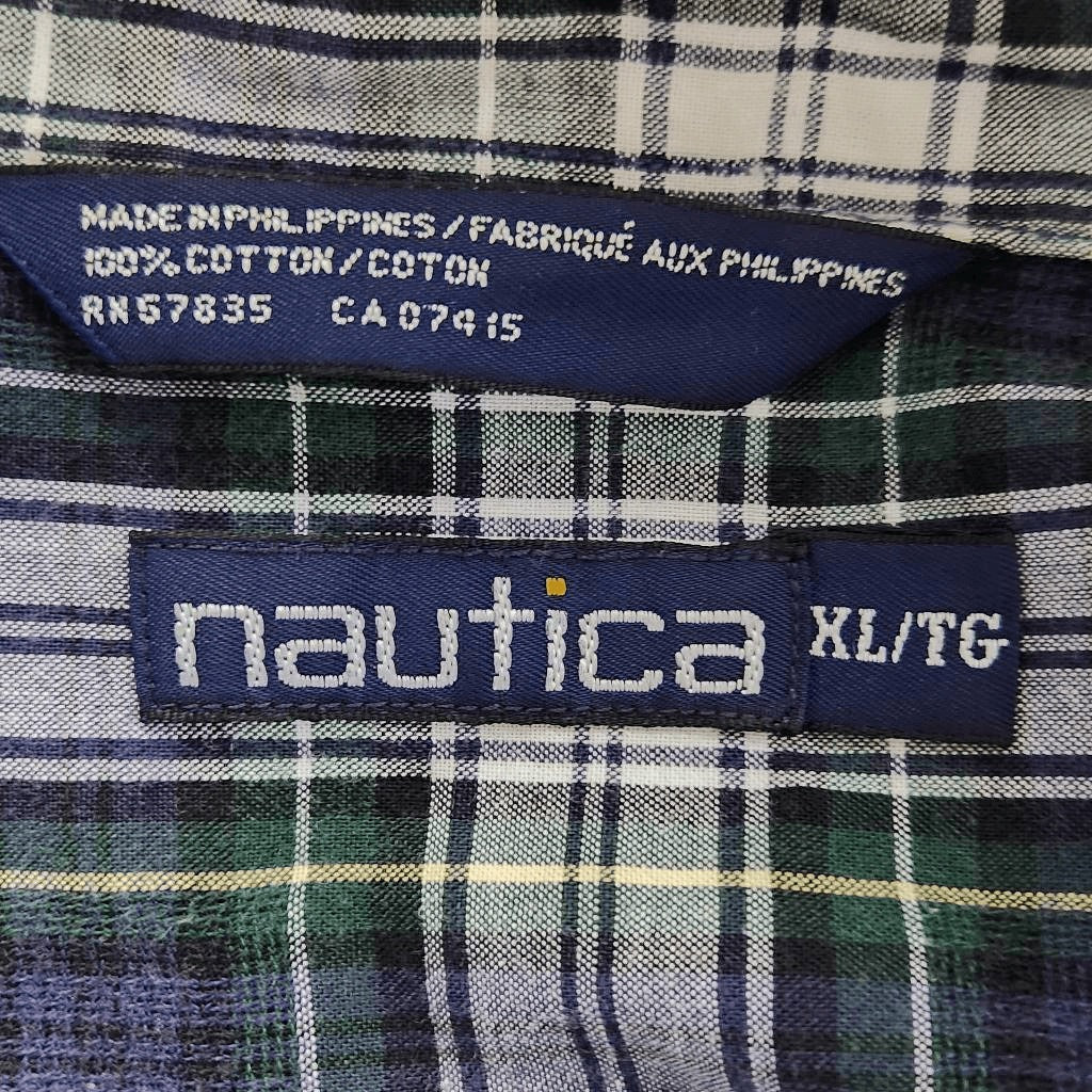 Nautica Navy and Green Plaid Button Down Shirt Size XL Plaid Short Sleeve Shirt