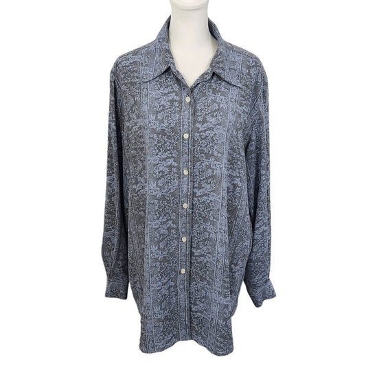 Liz Claiborne Blue and Gray Floral Button Down Shirt Size Large Blue Floral Top