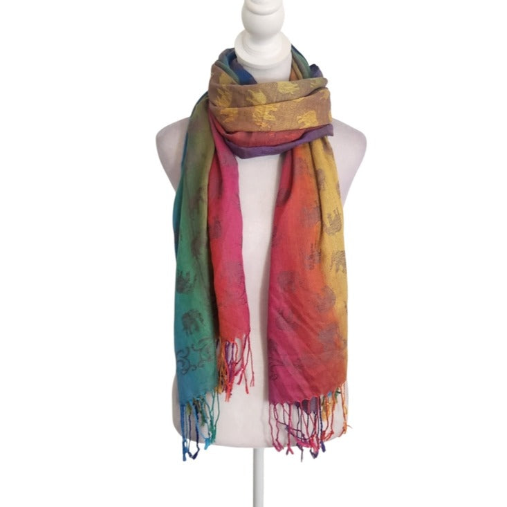 Pashmina Rainbow Elephant Print Scarf with Fringe 68 x 26