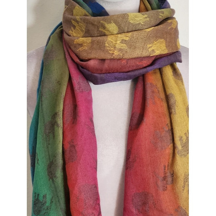 Pashmina Rainbow Elephant Print Scarf with Fringe 68 x 26